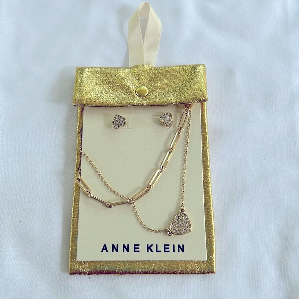 Anne Klein Dainty Rhinestone Heart Earring and Layering Necklace Set NWT